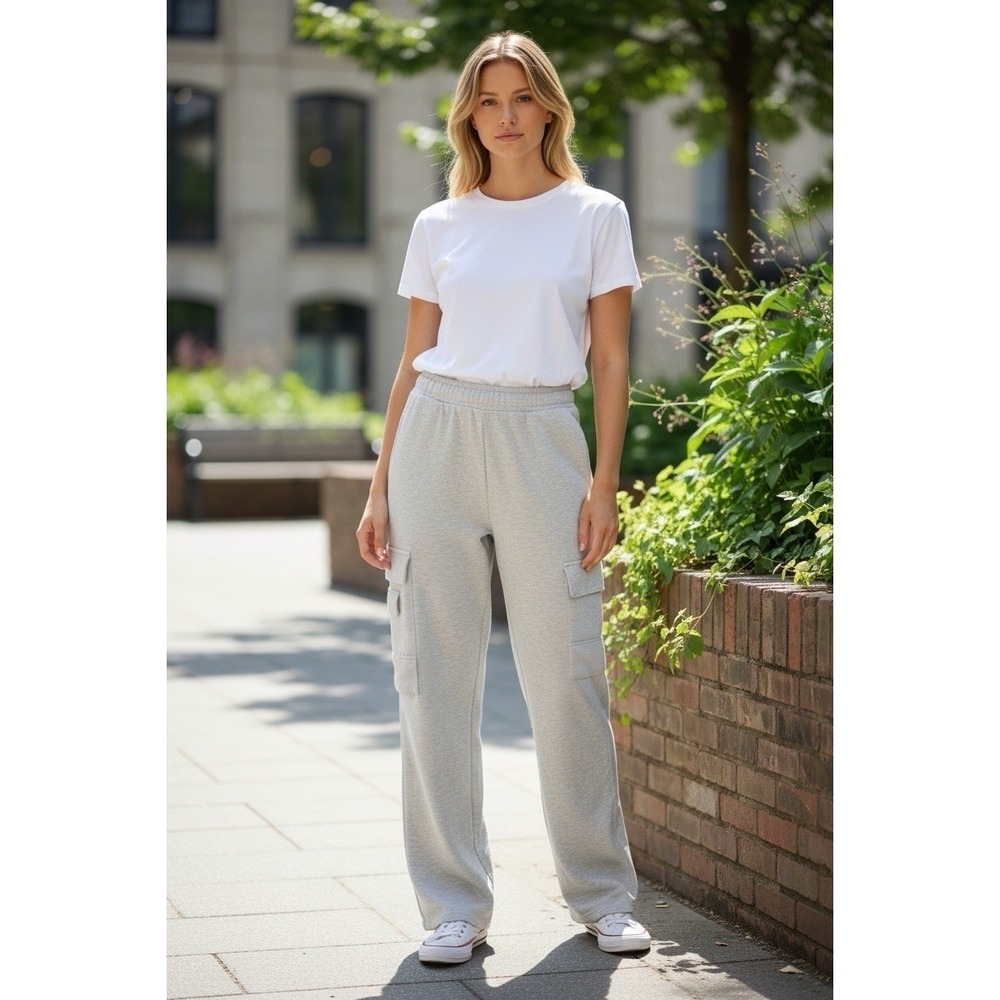 Refuge Gray Fleece Women's Cargo Sweatpants Size Large Cozy Fleece Wide Leg
